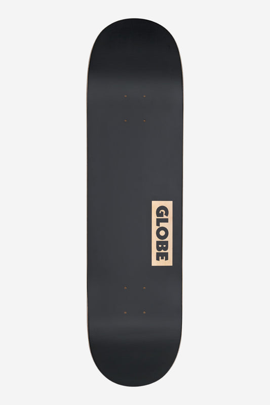 The Goodstock Deck 8.375" - Black features a black surface with natural wood edges and bold beige GLOBE branding near one end, shown on a plain white background.