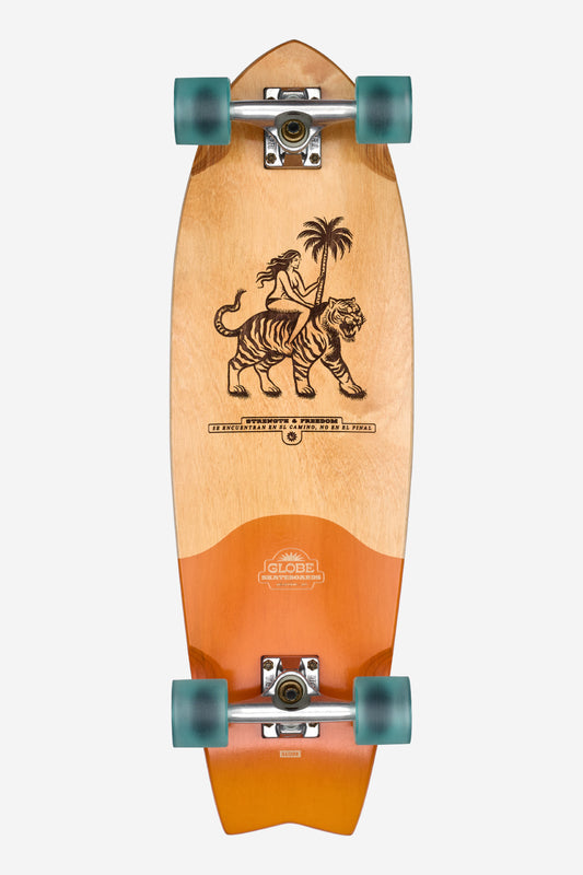 The Sun City Cruiserboard 30" - La Tigra features a wooden swallow-tail deck with teal wheels, orange nose and tail accents, and a tiger with a palm tree graphic. Crafted from Resin-7 hard rock maple, it has the Globe logo near the tail.