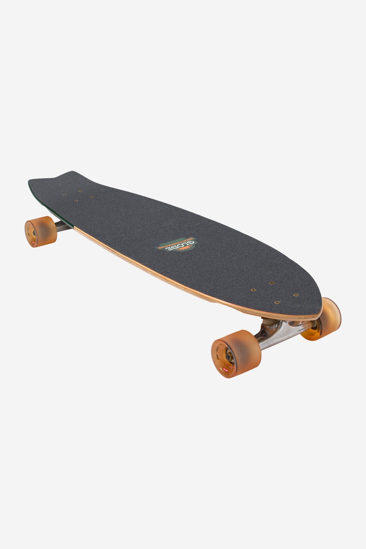 The Chromantic Cruiserboard 33" - Beach Bum is a black surf cruiser longboard with orange wheels, silver trucks, and a Resin-7 hard rock maple deck featuring a subtle front logo, shown angled on a white background.