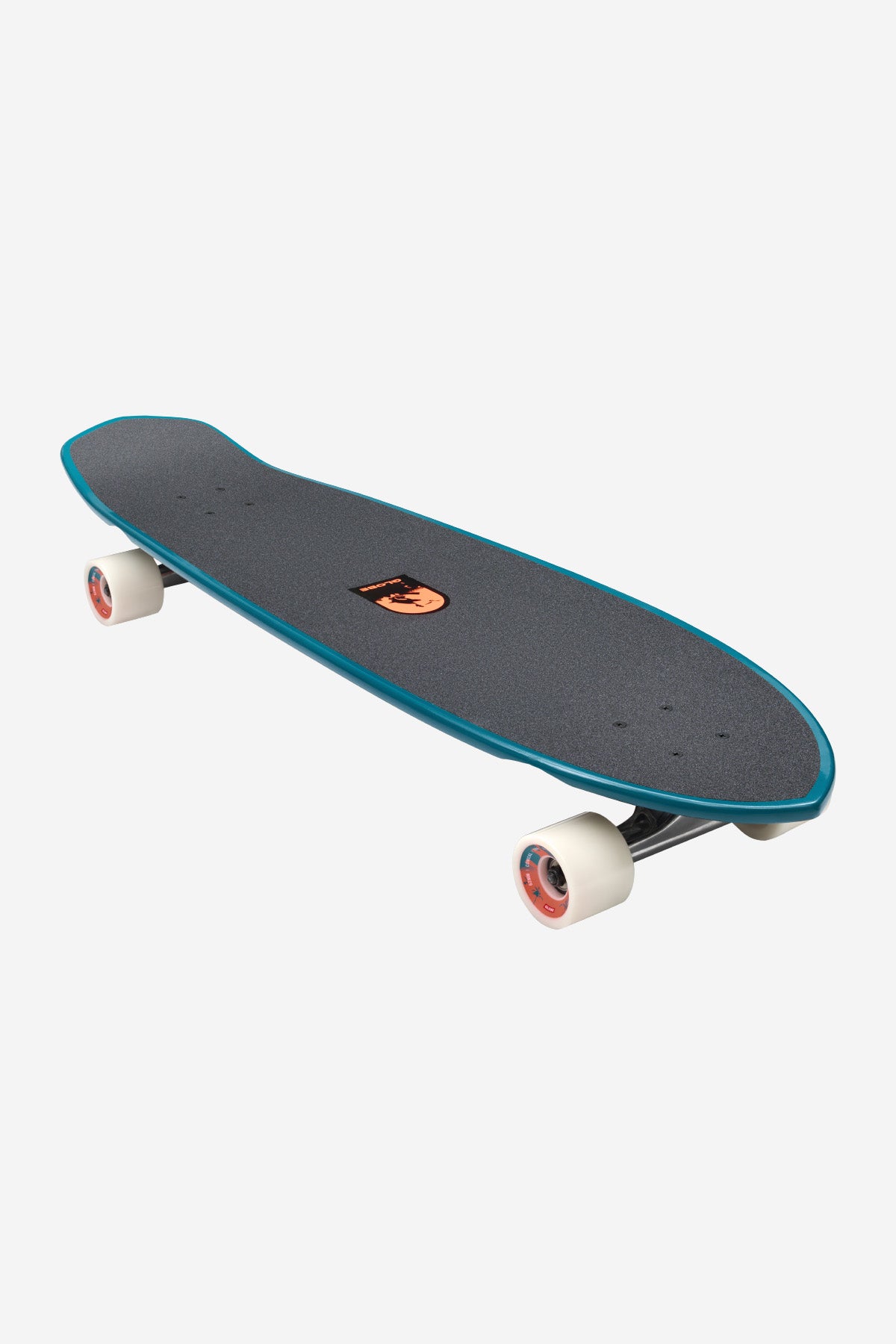 The Blazer XL Longboard 36" - Twilight Expedition features a black, surf-inspired design with textured grip tape, blue edges, white wheels with orange centers, an orange center logo, and a diamond tail cruiser shape on white.