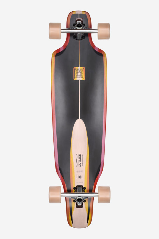 The Outlier Longboard 36" - Scorch features a sleek black and natural wood deck with red and yellow accents, silver trucks, four beige wheels, and a modern design displayed on a white background.
