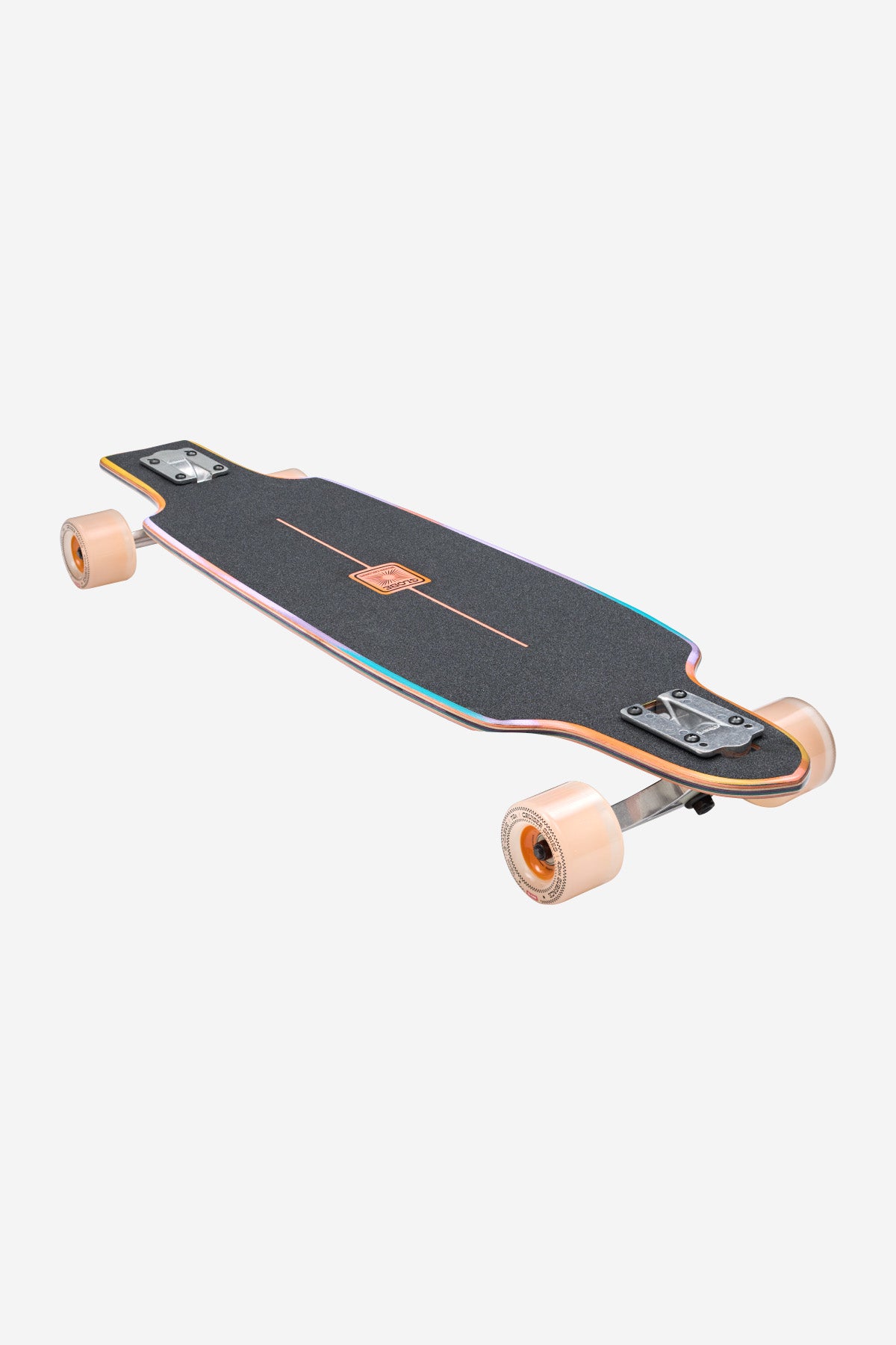 The Prowler Mid Longboard 34" - Sunstone features a black griptape deck with a subtle colored edge, silver trucks, light beige wheels, and an orange logo in the center, all presented on a white background.