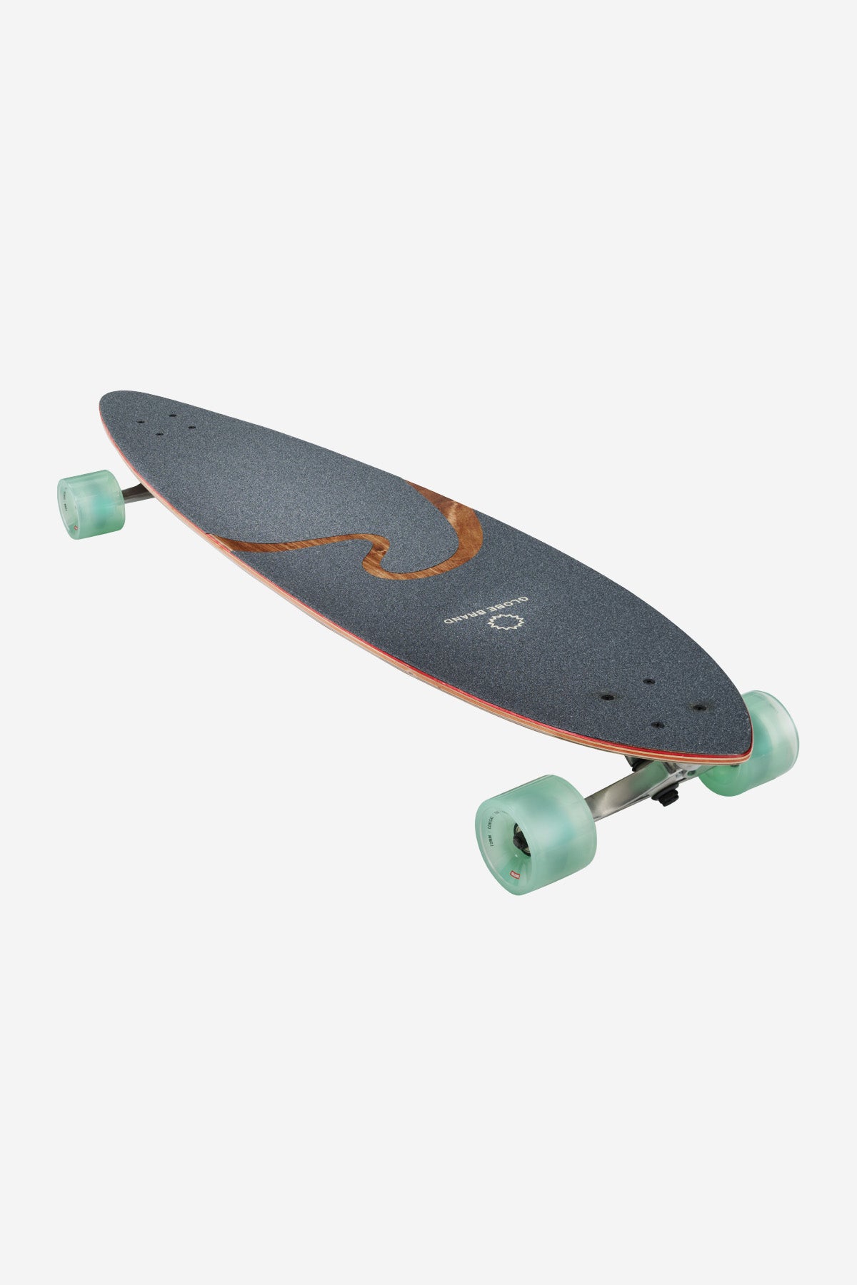 Top view of Noosa Longboard 43 Afterglow deck with dark grip tape and mint green wheels