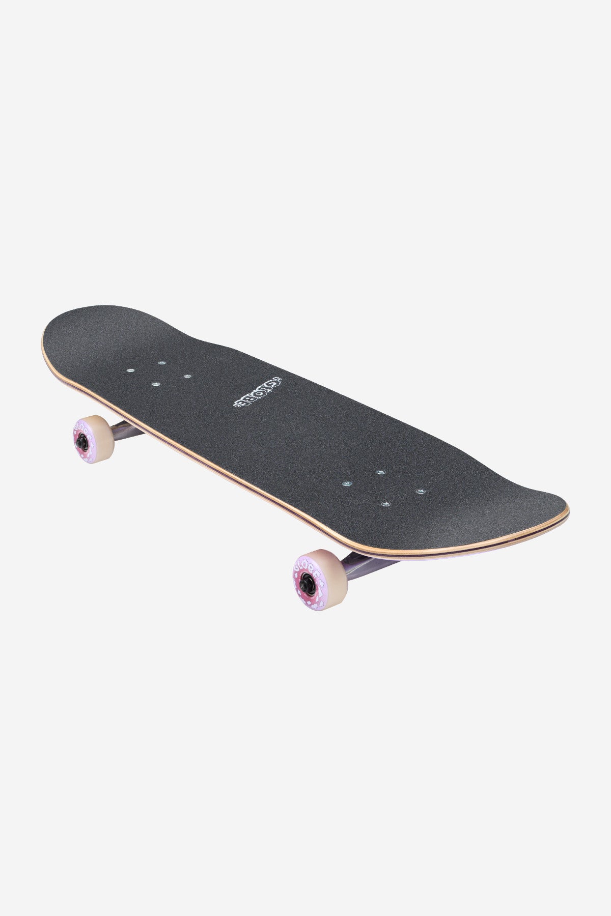 The Kids Wide Mid Complete 8.25" - Peace Man skateboard features a black, textured grip deck with white wheels and a wooden edge, shown on a plain white background with visible mounting holes.