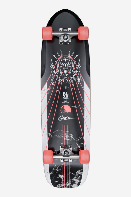 The Blazer Fuego 32 Cruiserboard 32" - Bamboo Red is a black skateboard with red wheels, featuring red lines, abstract flames, marble patterns, and white/red text with a signature in the center.