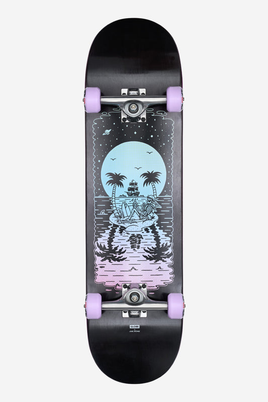 The G2 Reflection Complete 8.5" - Black/Purple features purple wheels and a deck with a couple on a beach under palm trees, illuminated by a large moon and stars in pastel blue and pink tones.