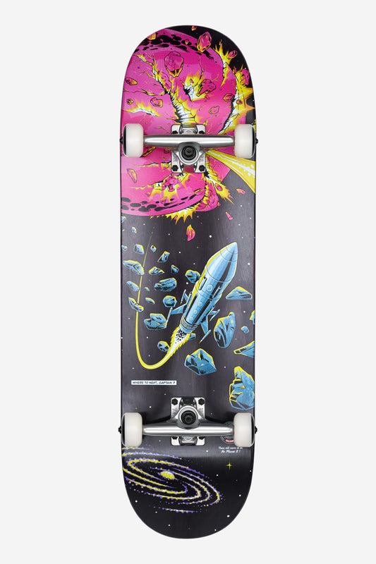 The G1 Where To Next Complete 8.375" - Black Maple/Recon features a Resin-7 deck with rocket ship and galaxy artwork, sturdy Tensor alloy trucks, and a black, star-filled background with blue asteroids and a pink space explosion.
