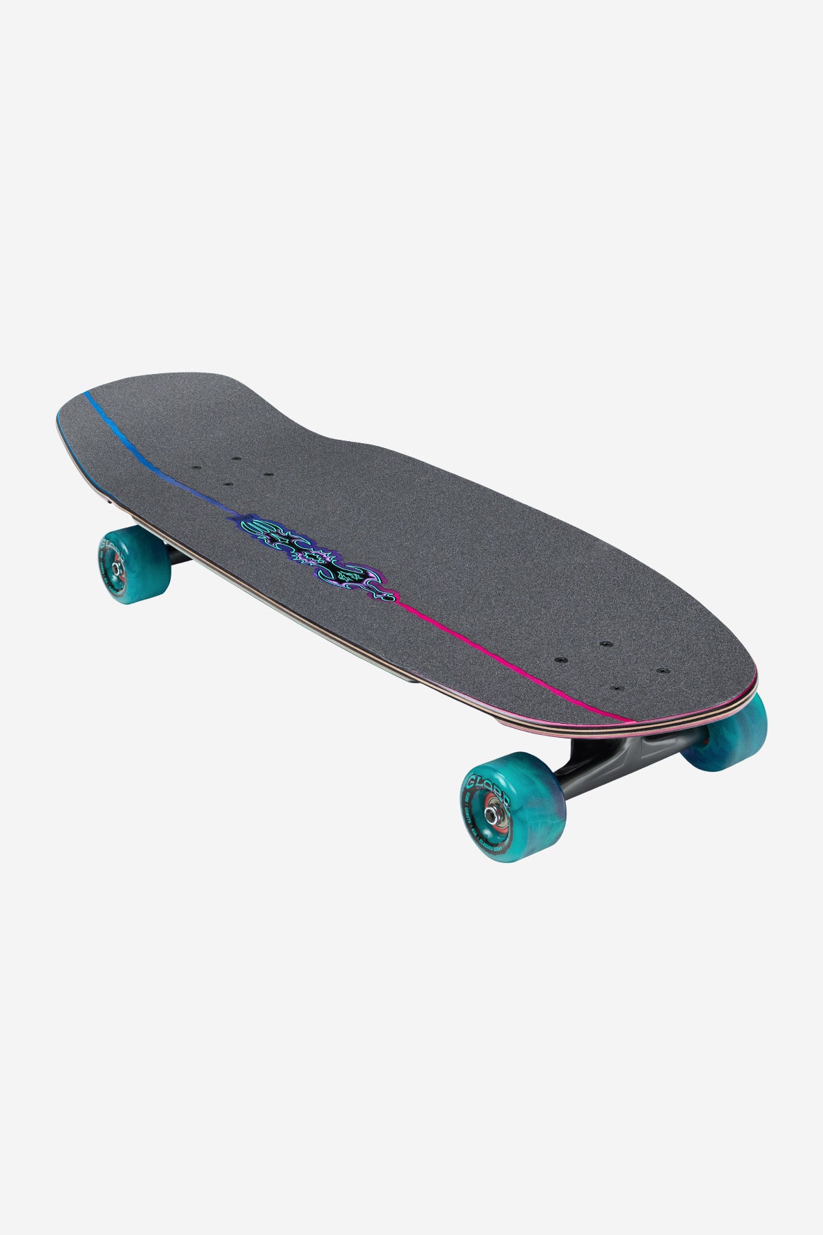 The Talon Cruiserboard 30" in Black/Blue/Green features a textured grip, blue and pink accent lines, blue wheels, and a vibrant center design, displayed on a white background.