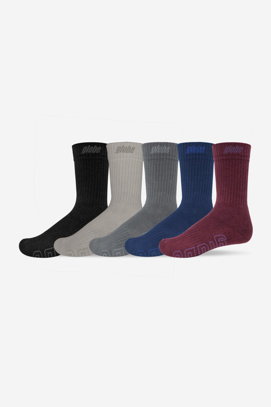 Five assorted color Globe Impact Hi Crew socks arranged in a row