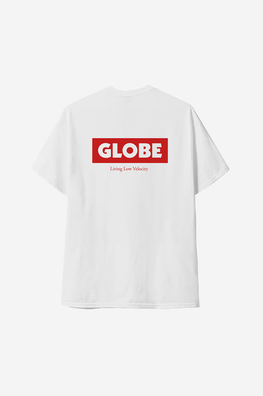 The Living Low Velocity Tee - White/Red features a large red rectangle on the back with "GLOBE" in bold white and "Living Low Velocity" below it, all on a white t-shirt.