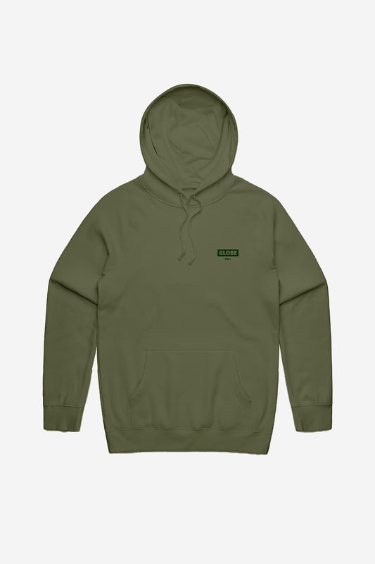 Front view of the Living Low Velocity Hoodie Olive.