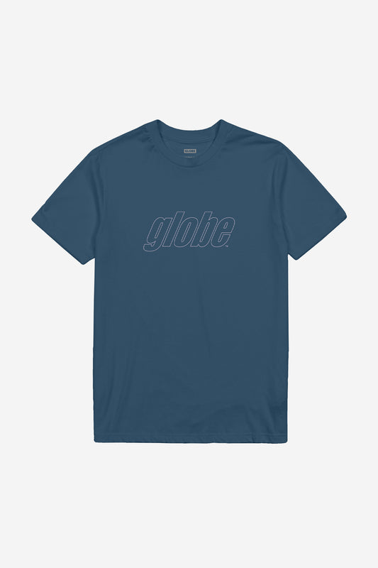 Impact Tee in steel blue with a large outlined globe logo across the chest
