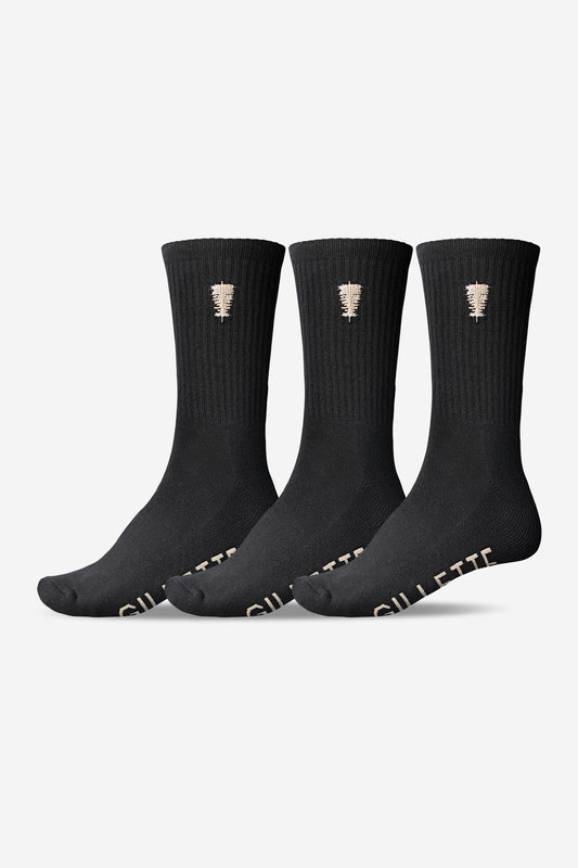Studio image of the Gillette Crew Sock 3 Pack Black/White.