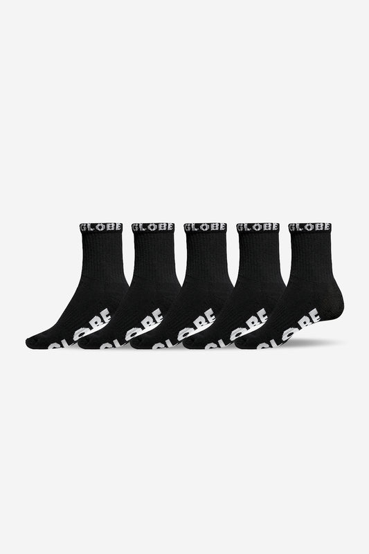Five black Globe quarter socks arranged in a row with white logo on the cuffs.