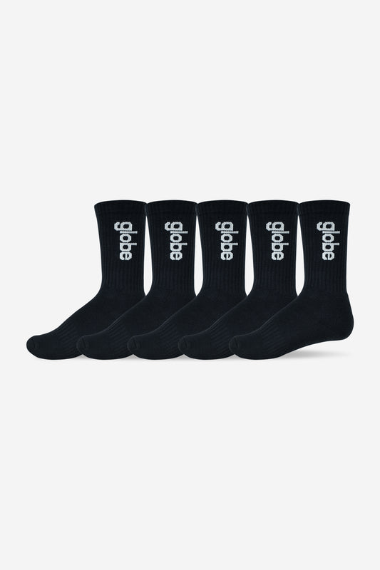 Five black crew socks with a white Globe logo on the side.