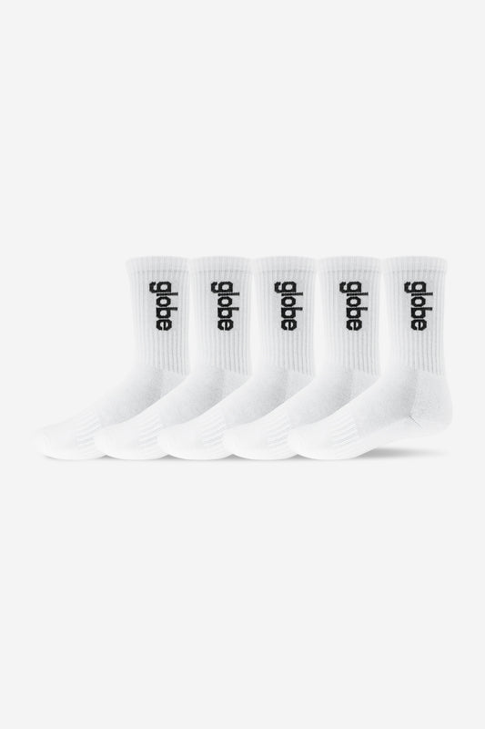 Five white Globe Hi Crew socks with black vertical logo