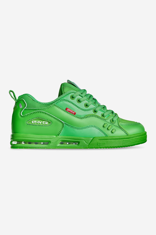 The CT-4 - Green is a vibrant green athletic sneaker with a chunky sole, air cushioning, mesh and leather panels, green laces, a small red side tag, detailed stitching, and a modern design.
