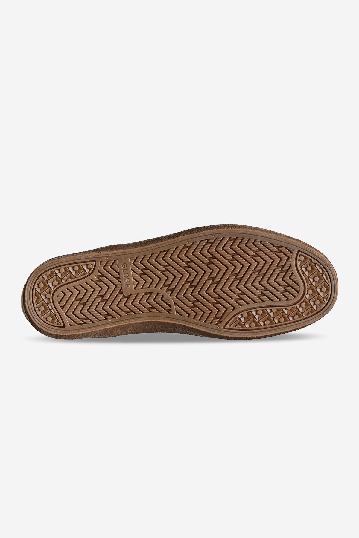 Bottom view of Dover II - Safari/Crepe shoe sole, featuring a brown chevron and diamond textured tread for grip with the Globe brand name near the heel.