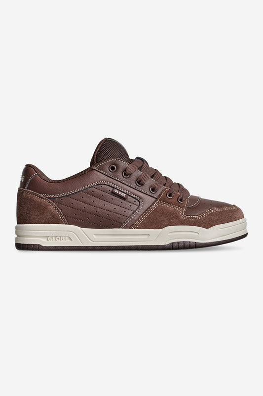 The Mojo 2.0 - Brown/Antique is a brown low-top sneaker featuring textured leather and suede panels, dark brown laces, and a beige rubber sole, shown from the side on a white background.