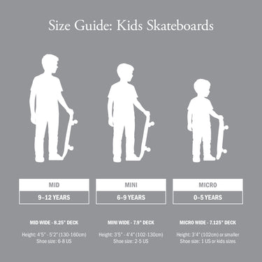 Size guide for kids skateboards.