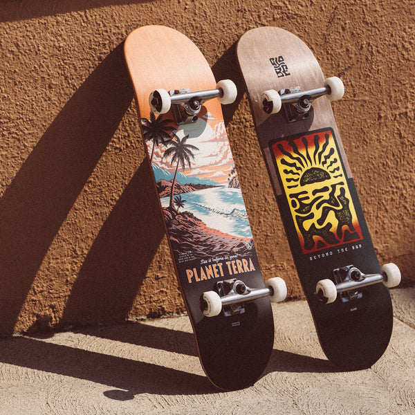 Lifestyle shot of the G1 Visitation and G1 Sol Mates Globe skateboards.