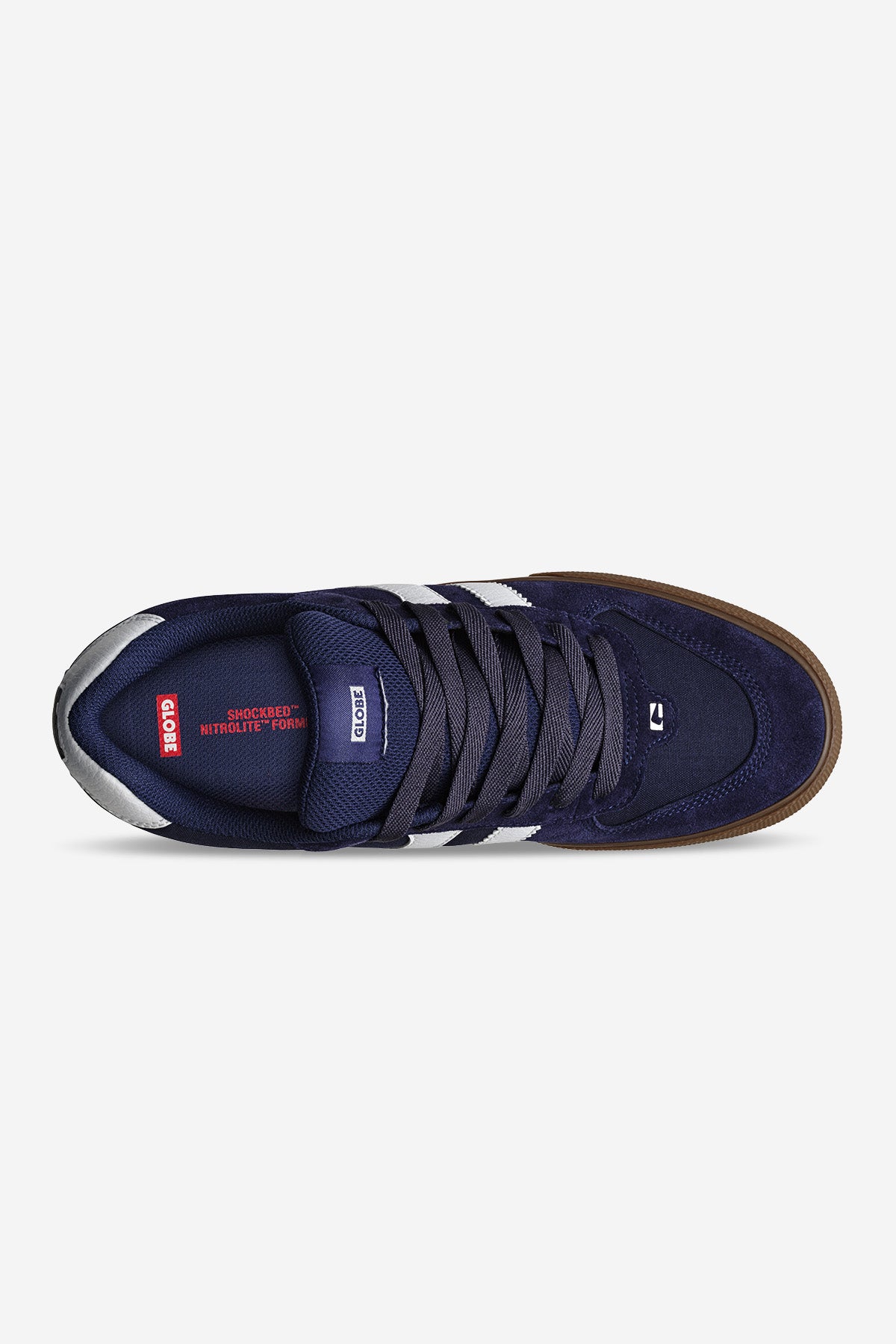 Top view of the Encore-2 - Maritime Blue skate shoe, featuring twin design stripes, dark laces, a brown sole, red and white branded padded insole, and a reflective silver heel accent for classic style.