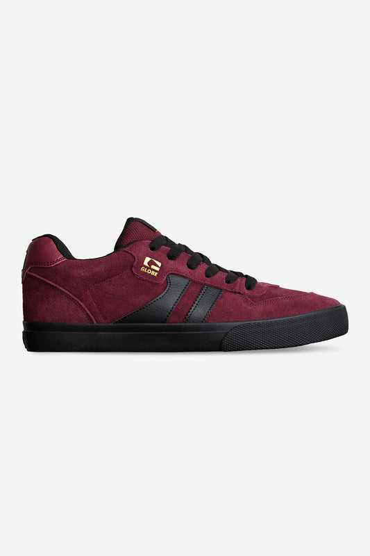The Encore-2 - Port/Black is a maroon suede skate shoe featuring black laces, a black sole, twin side stripes, and a gold and black logo label by the laces. Vulcanized construction is shown from the side on a white background.