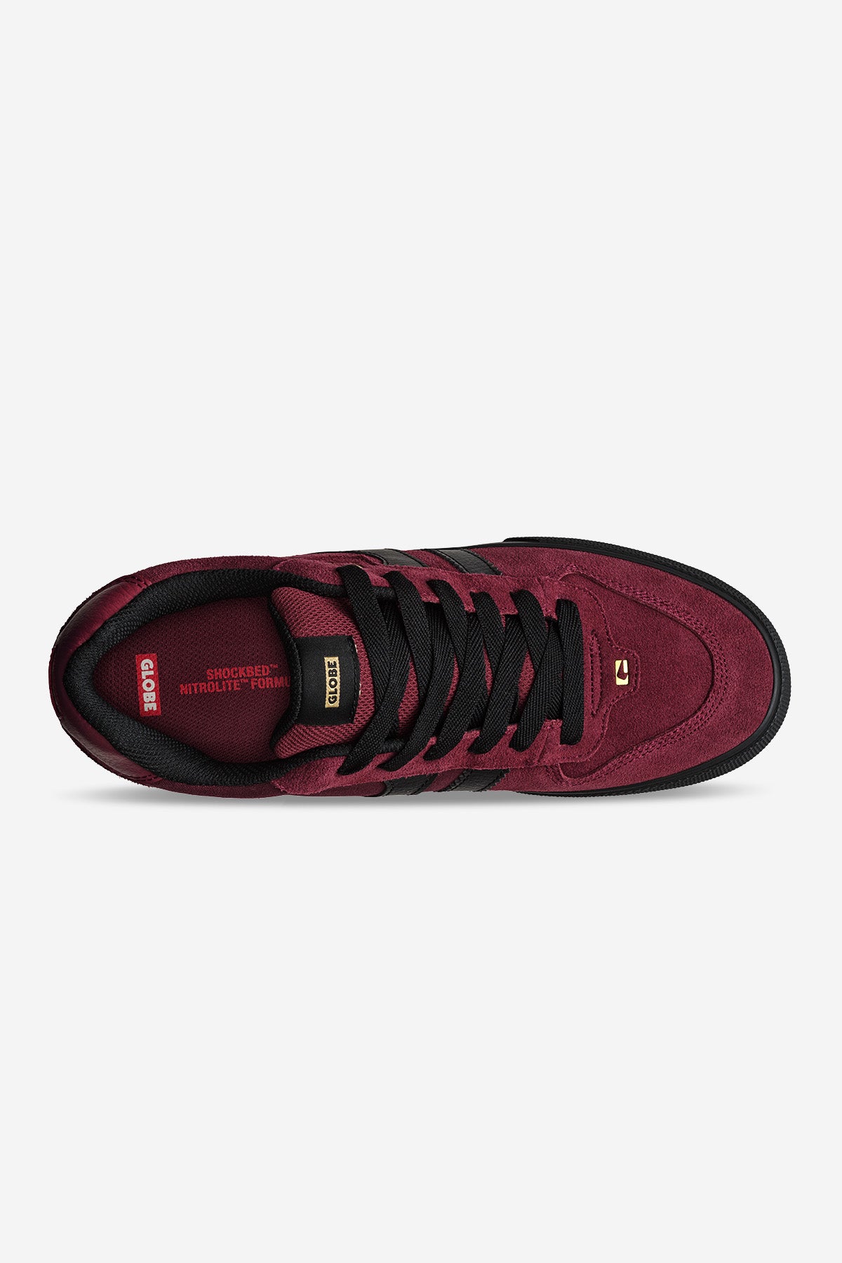 Top view of the Encore-2 - Port/Black sneaker featuring maroon upper with black laces, black sole, twin side stripes, gold lace tag near the tongue, classic vulcanized skate style, and black interior lining.
