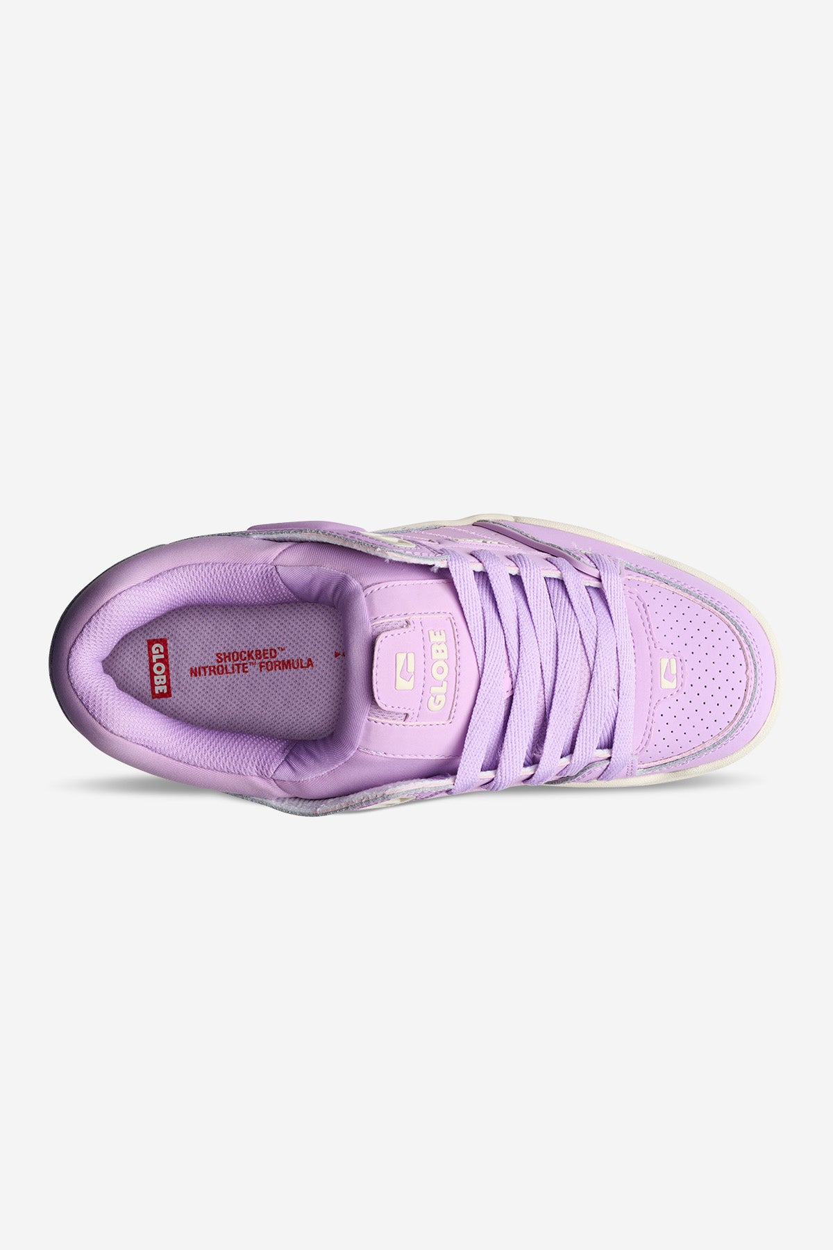 A close-up of the Fusion - Lilac/Cream skate shoe, highlighting its durable materials and tough stitching for lasting performance.