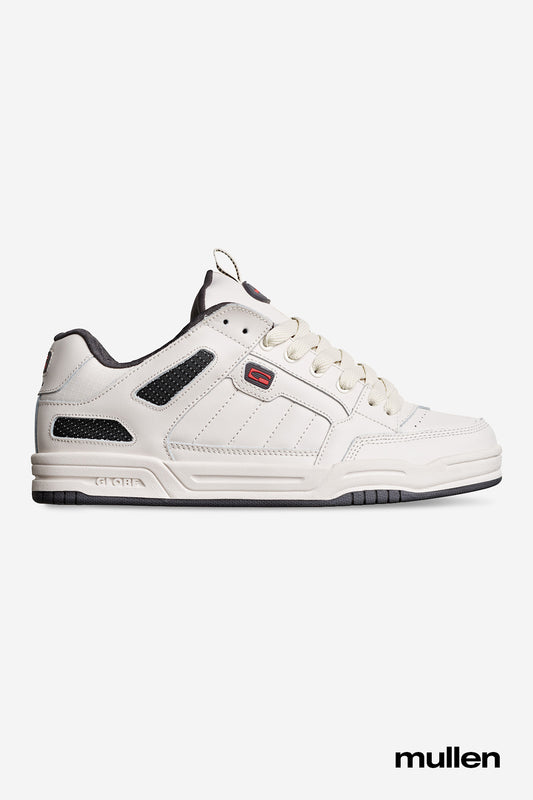 The Tilt Prime - Cement / Mullen skate shoe, inspired by Rodney Mullen, is shown on a plain white background with black accents and a red logo. The word "mullen" appears in black text at the bottom right corner.