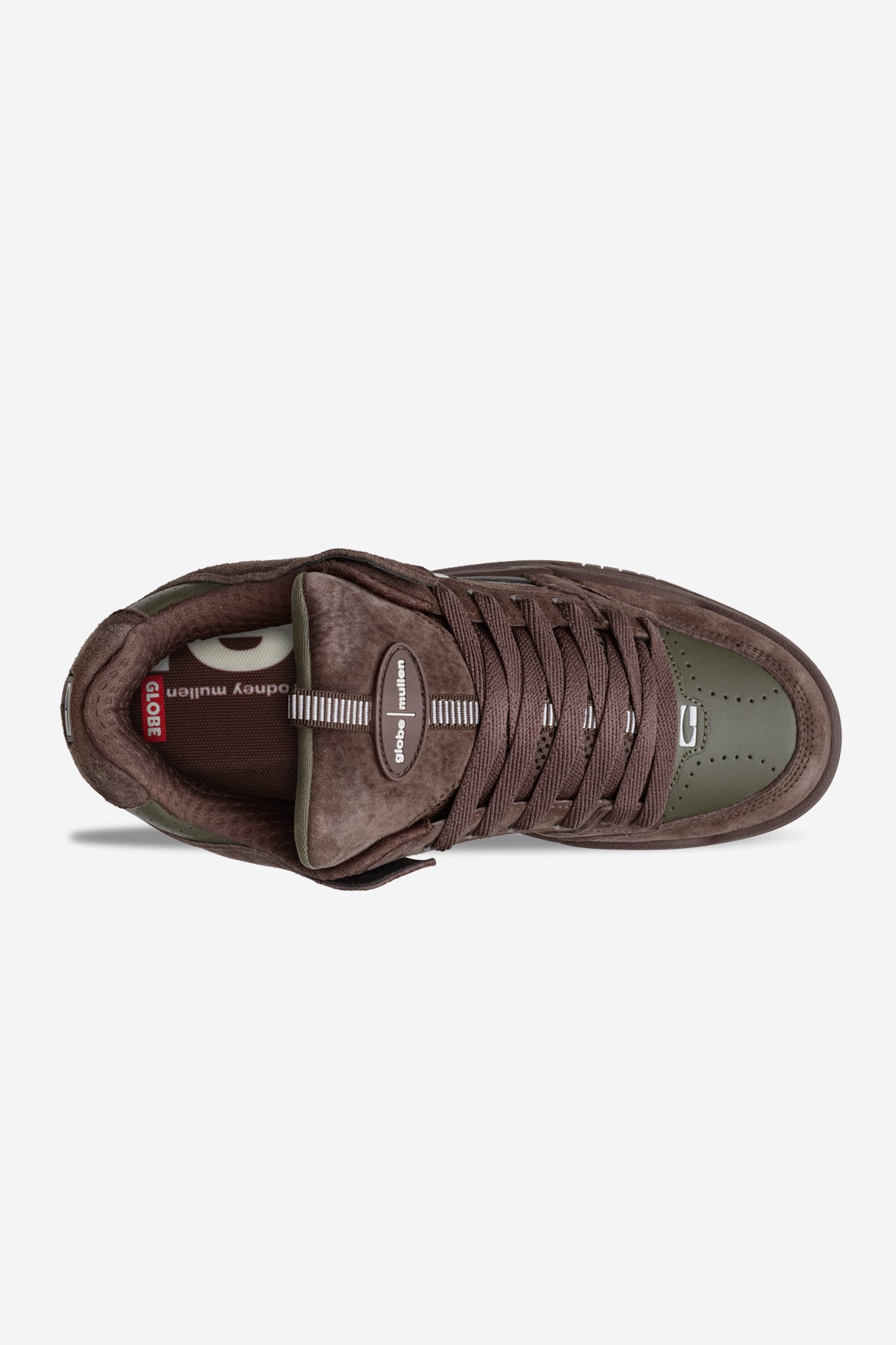 Top view of the Tilt Prime - Brown / Olive / Mullen skate shoe featuring brown laces, Clae branding on the tongue, and Clae Los Angeles text on the insole. Suede and leather textures reference classic designs like Globe or Rodney Mullen’s styles.