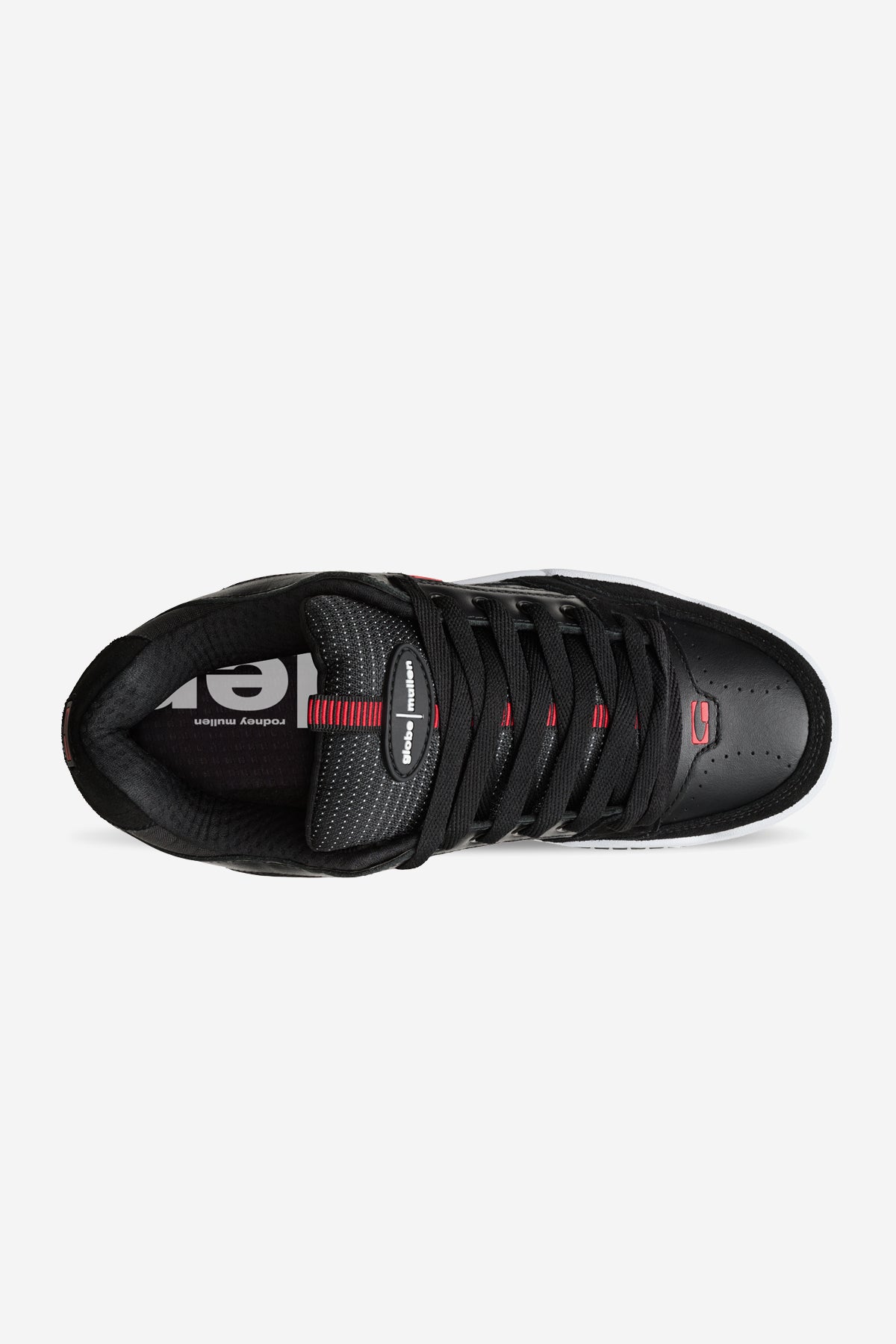 Top view of the Tilt Prime - Black / Mullen skate shoe with black leather, black laces, subtle red stitching, a white logo insole, perforated toe area, and a padded tongue for comfort.