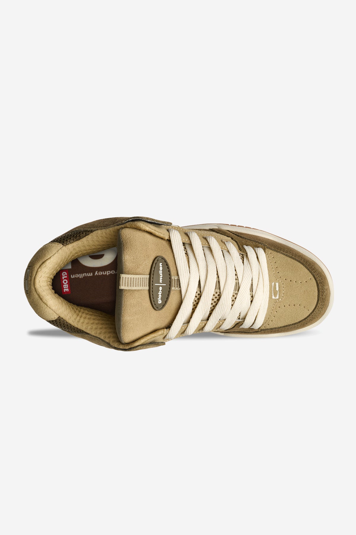 Top view of the Tilt Prime skate shoe in olive and sand, inspired by Rodney Mullen’s legacy. Features cream laces, padded Factory Finish tongue, and red insole with white text, shown on a plain white background.