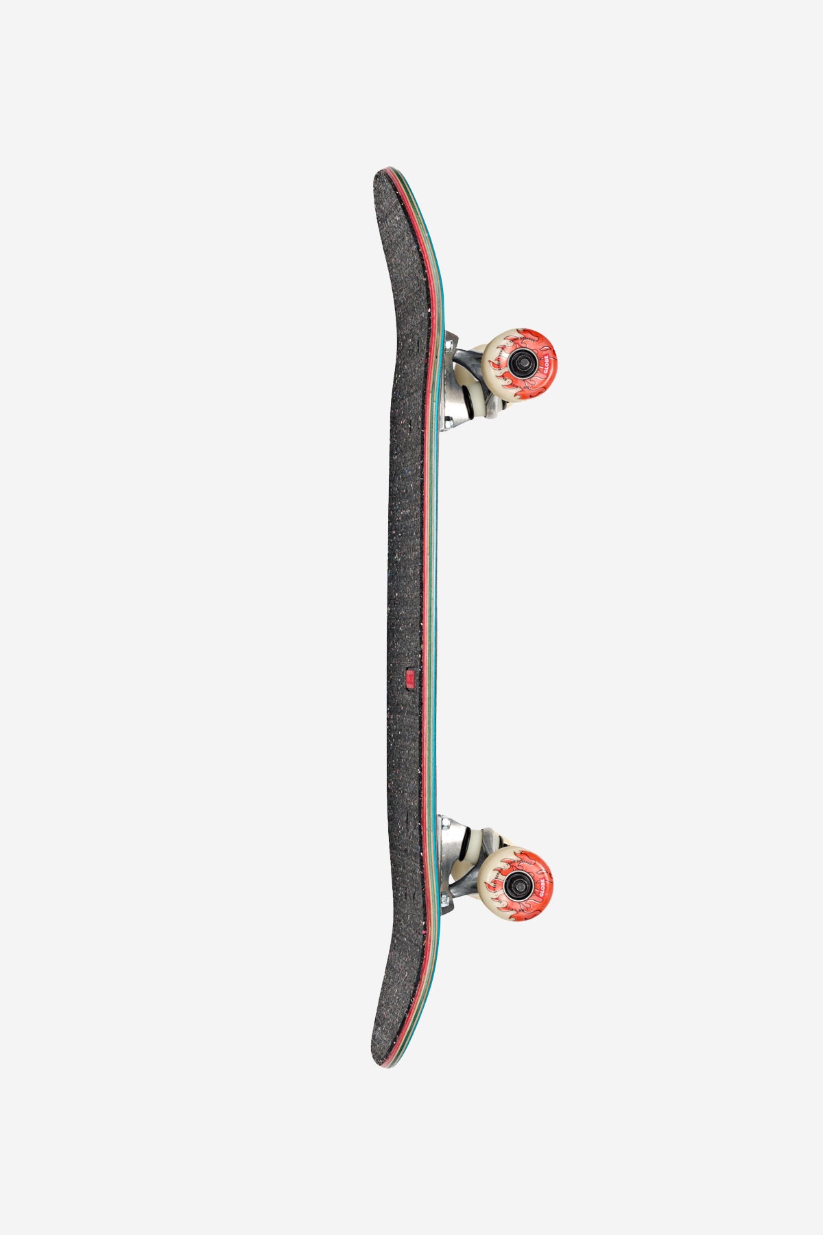 Side profile of black glitter skateboard with teal edging and red wheels