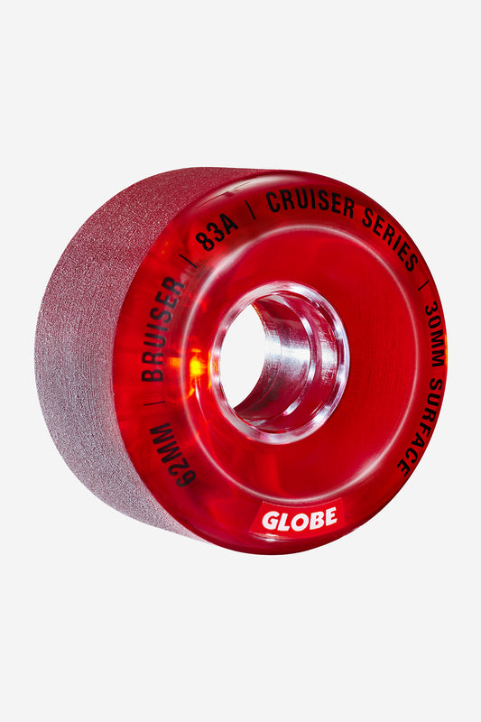A single Bruiser Wheels 62" - Clear Red cruiser wheel with a clear center, labeled GLOBE, BRUISER, 83A, CRUISER SERIES, 62MM, and 30MM SURFACE in black on the edge—made for smooth street rides.
