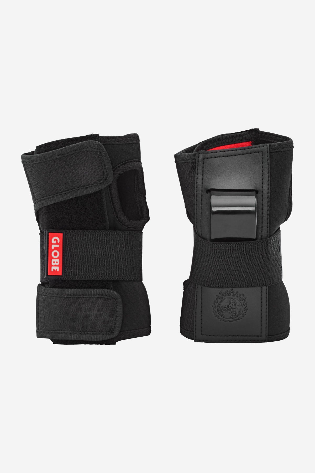 The Goodstock Pad Set Safety Gear - Matte Black includes black wrist guards with adjustable straps, a plastic support plate, and durable nylon construction for optimal wrist protection in skateboarding or rollerblading.