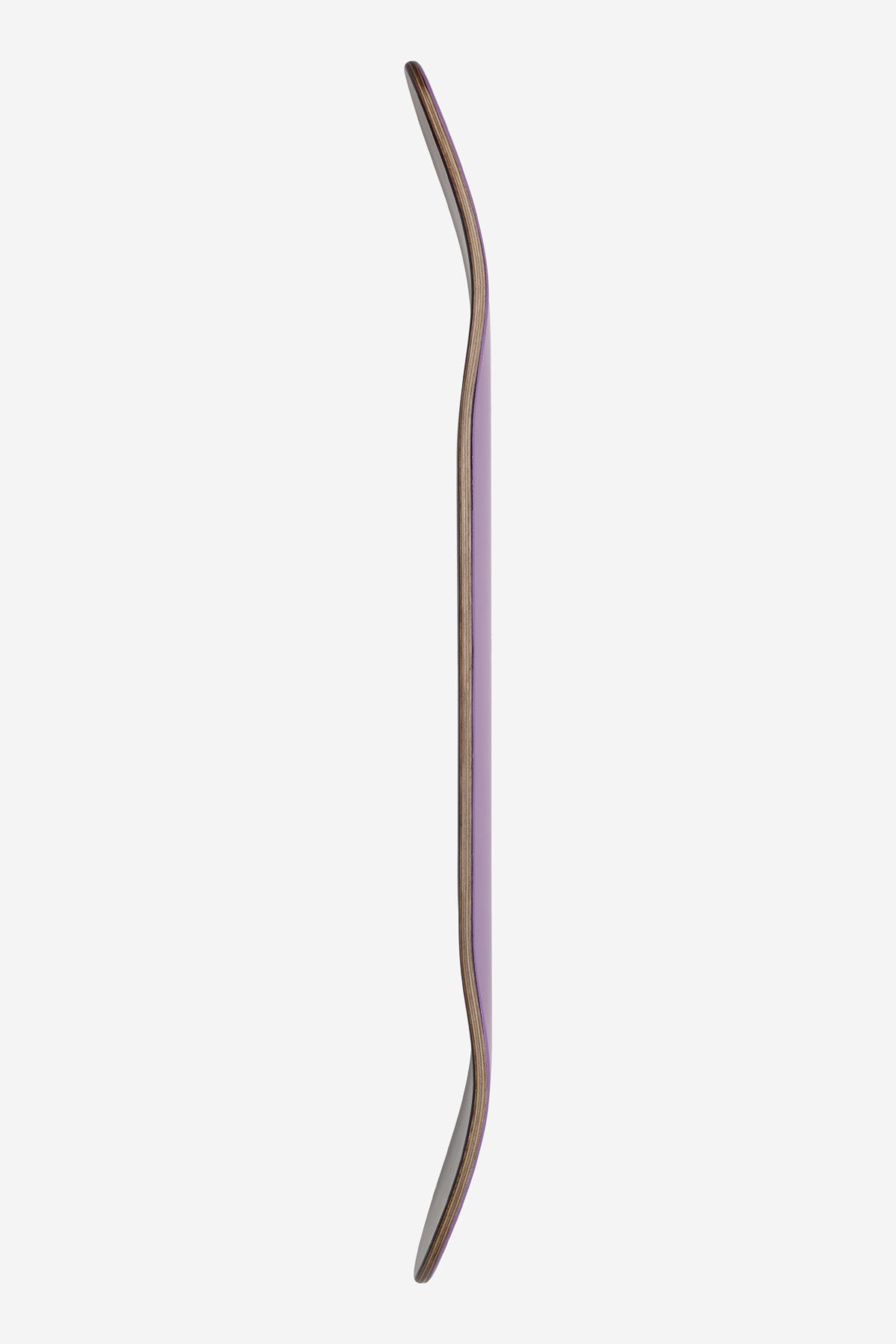 Side profile of Goodstock Deck 7.75 Desert Dusk with purple edge and wood core
