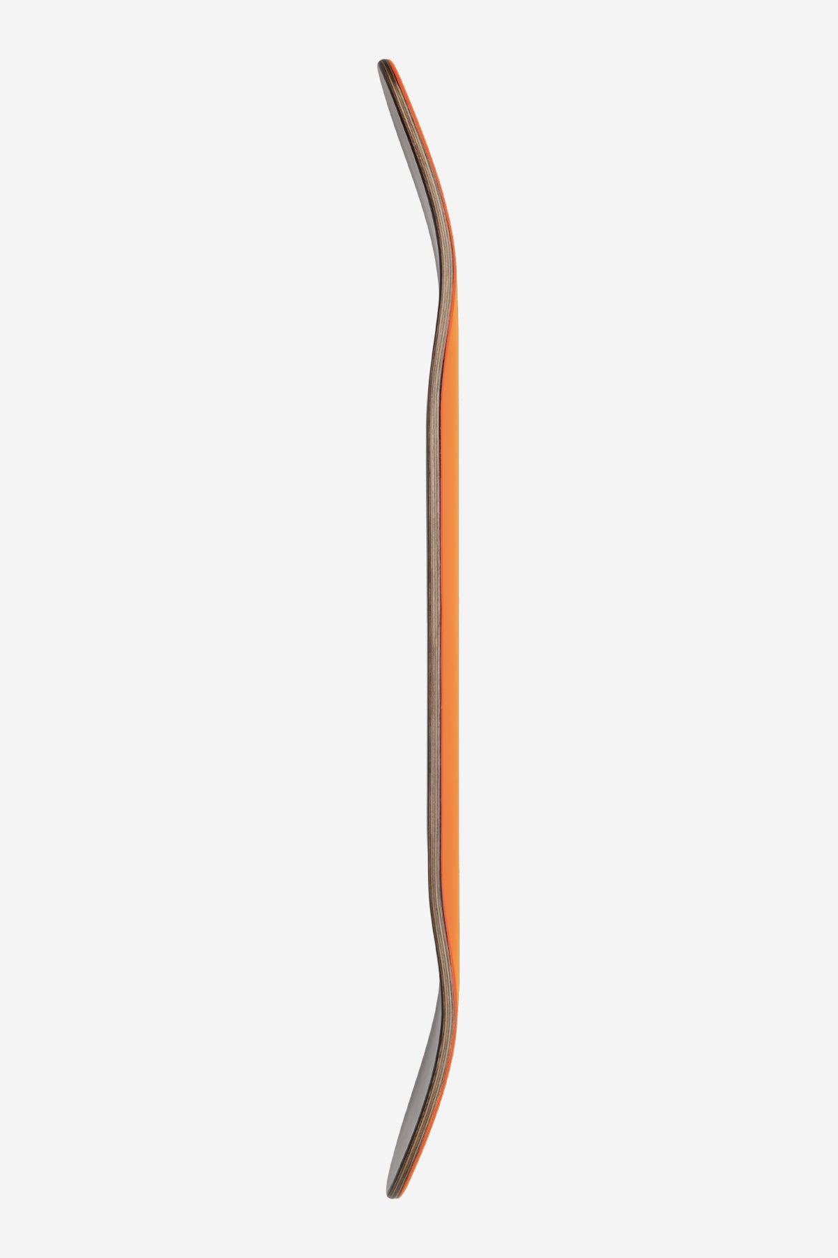 Side profile of Goodstock Deck 8.0 Firecracker with orange edge and exposed maple core