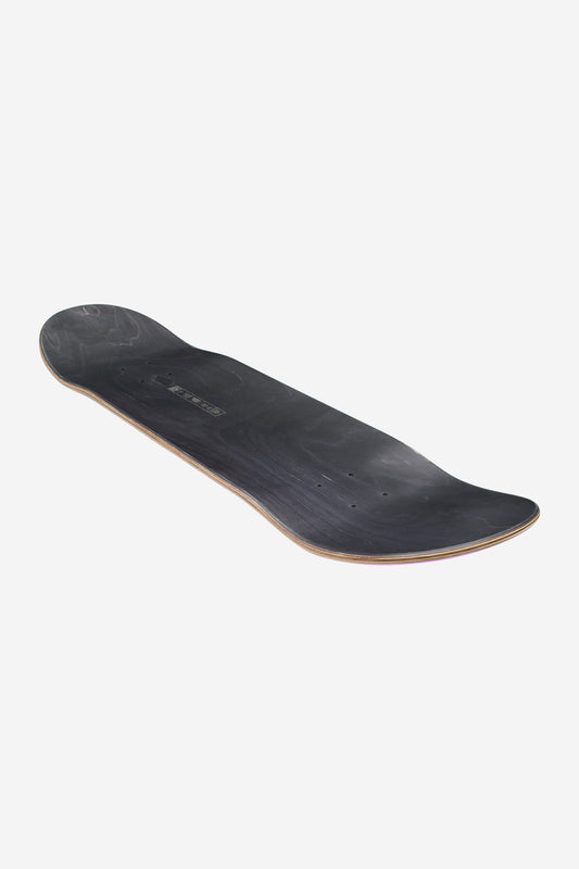 Angled shot of the dark finished Goodstock Deck 8.0 highlighting full concave and orange edge