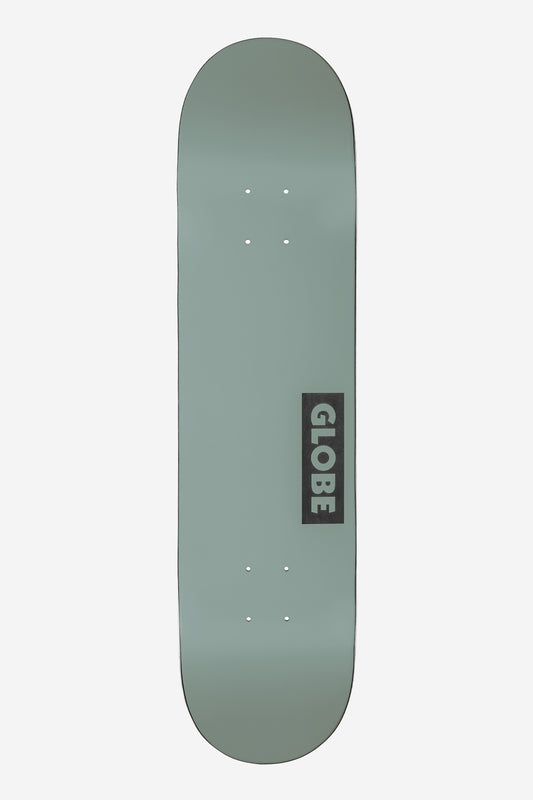 Fog colored 8.5 skateboard deck with four truck holes and a vertical Globe label on the side.