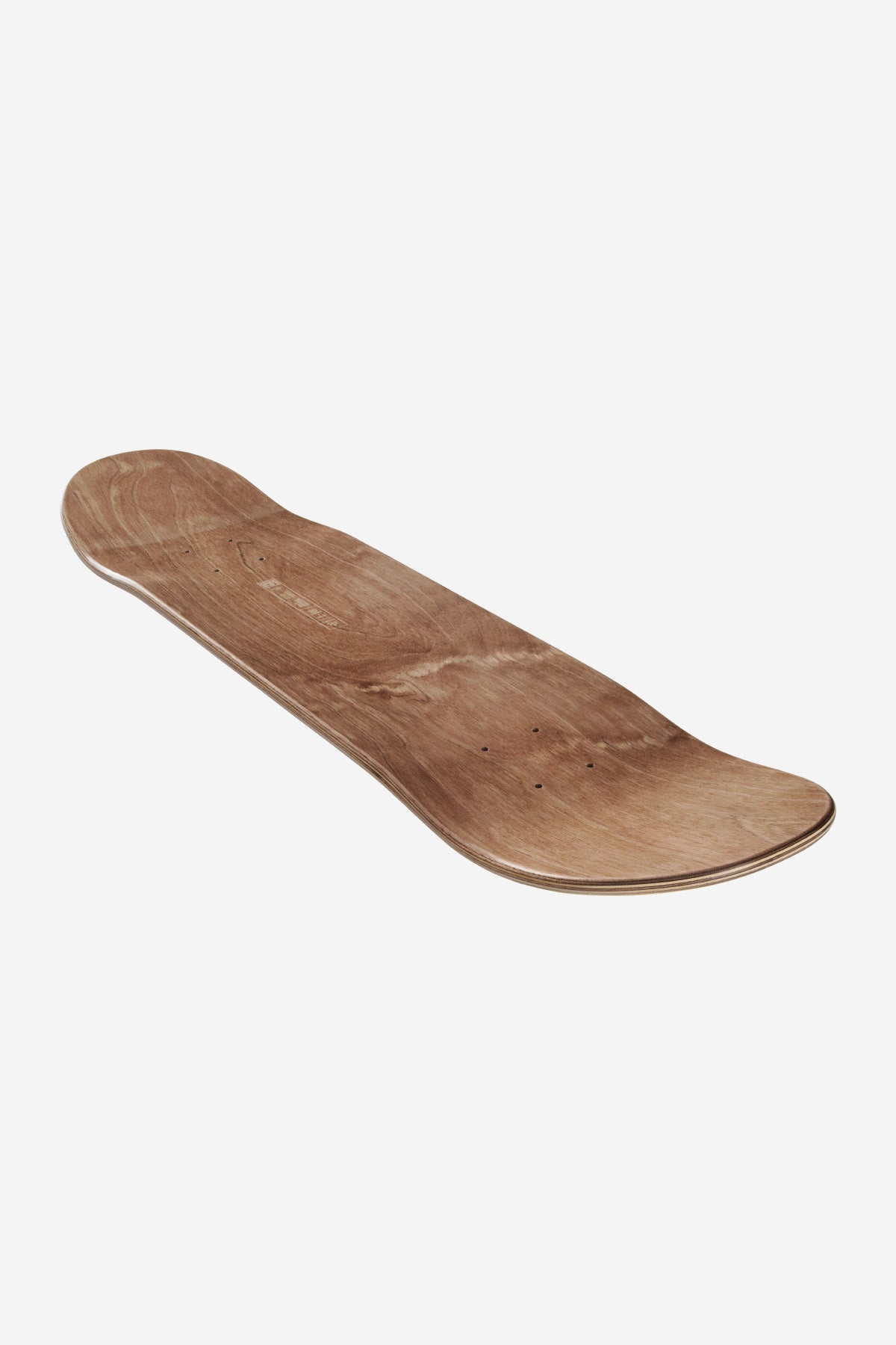 Angled view of Heatwave 8.0 deck with natural wood grain and rounded nose and tail