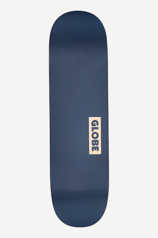 Midnight Blue Goodstock 9.0 skateboard deck with matte finish and wood knock-out Globe logo.