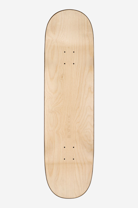 Natural maple skateboard deck top with visible grain and truck mounting holes.