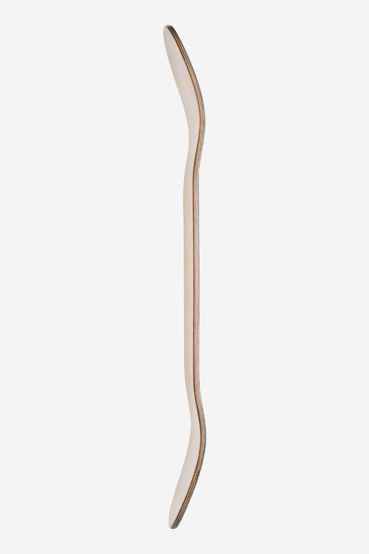 Side profile of a natural maple skateboard deck showing laminated ply layers.