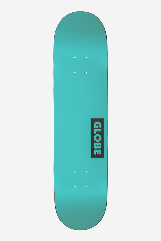 Top view of Goodstock 8.25 Waterfall deck in teal gradient with four center holes and a vertical Globe logo in the lower right