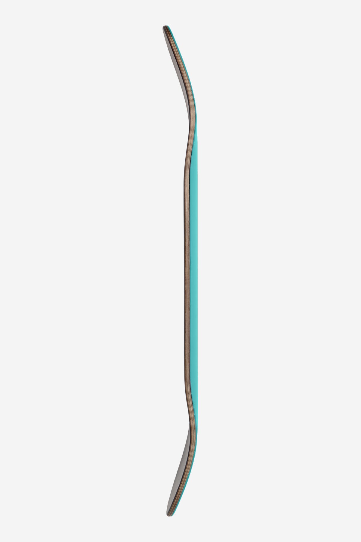 Side view of turquoise Goodstock 8.25 Waterfall deck showing layered wood core and curved edge