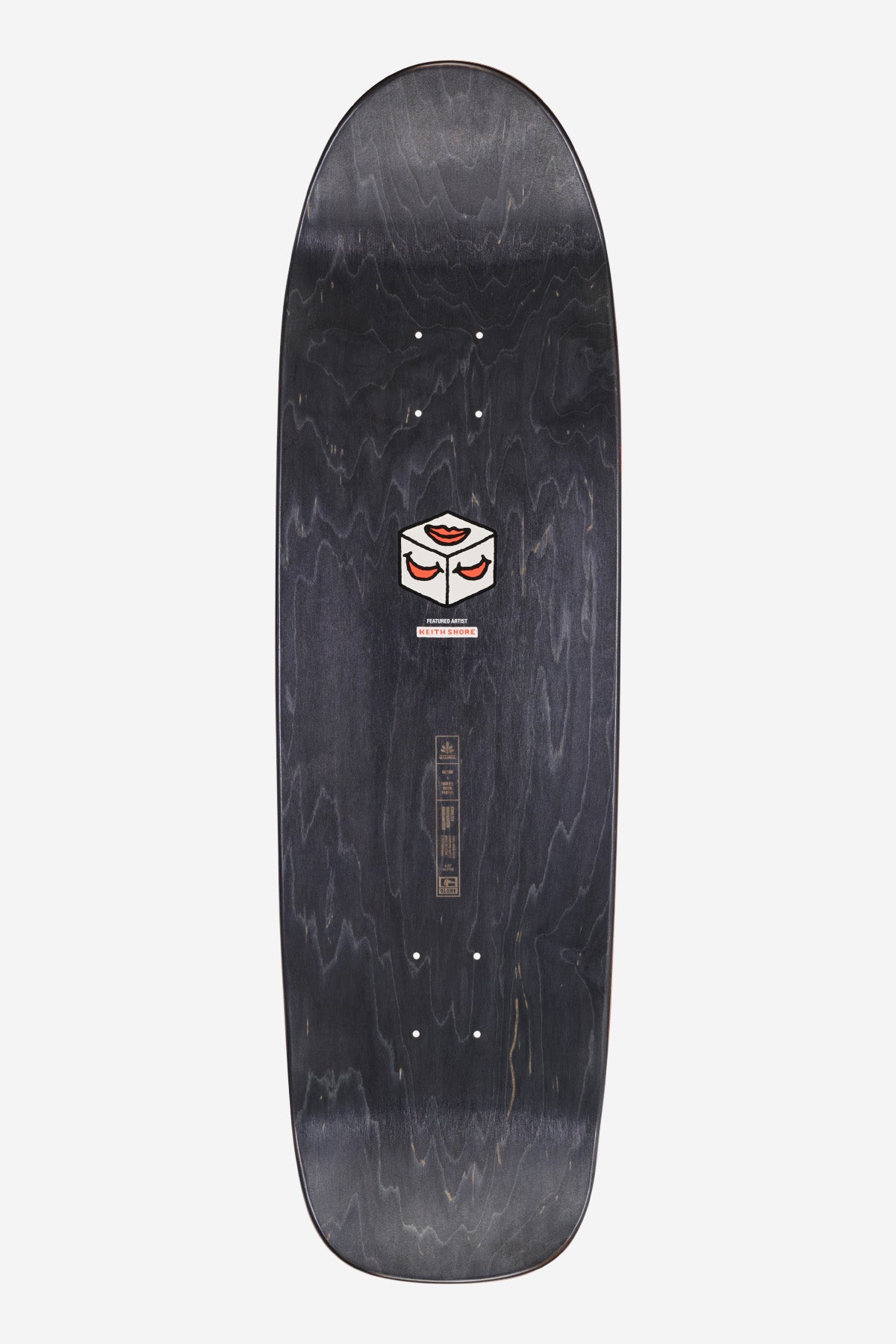 Top view of a dark woodgrain Keith Deck 8.75 inch Shore Willy popsicle skateboard with a centered graphic