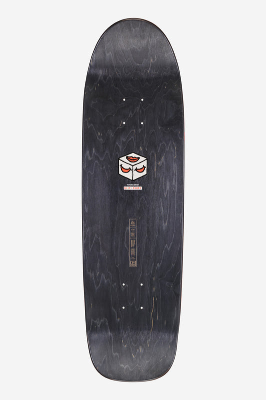 Top view of a dark woodgrain Keith Deck 8.75 inch Shore Willy popsicle skateboard with a centered graphic