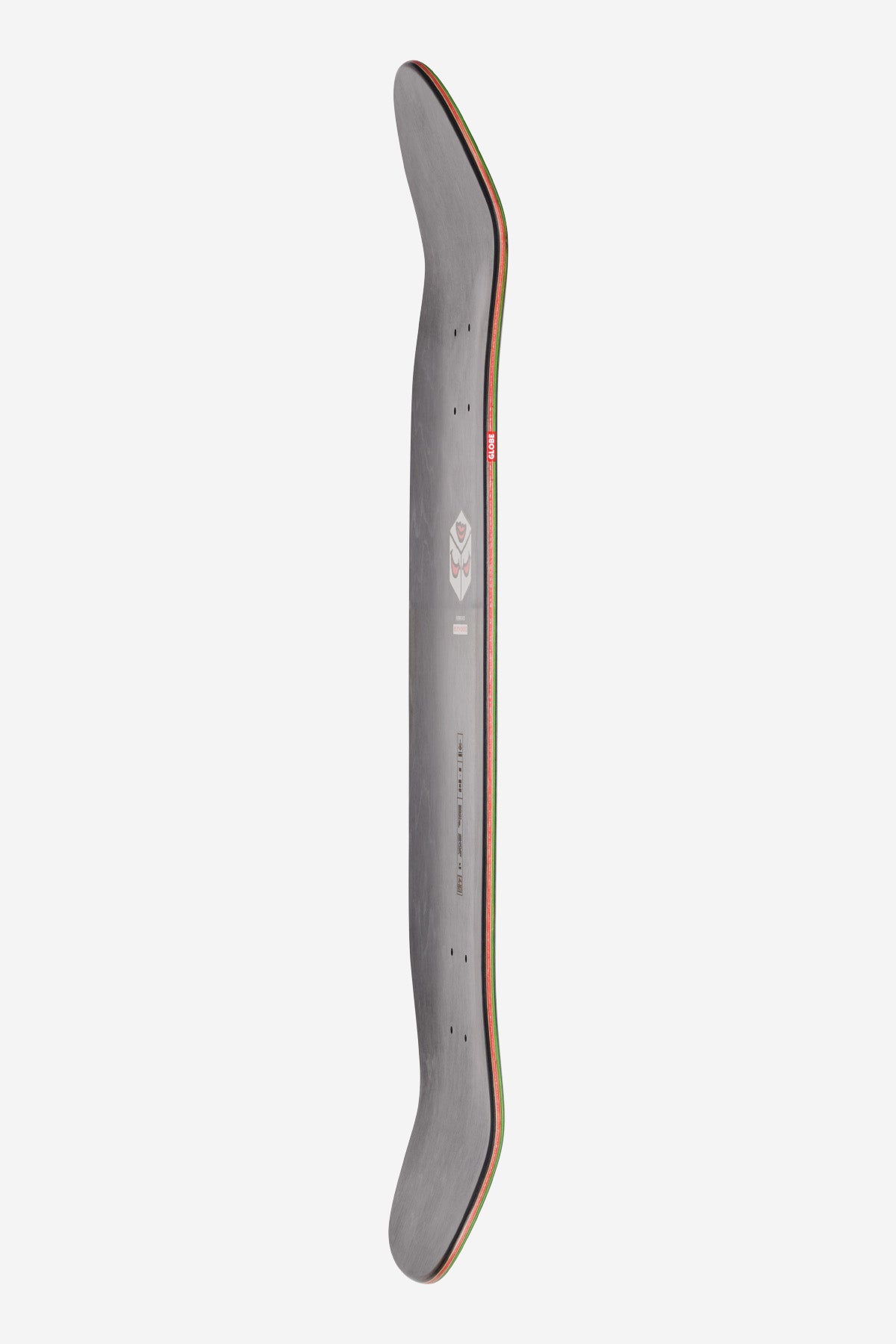 Diagonal angle of a gray Shore Willy 8.75 inch popsicle deck with multicolor edge trim along the side