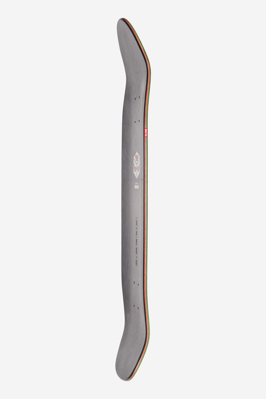 Diagonal angle of a gray Shore Willy 8.75 inch popsicle deck with multicolor edge trim along the side